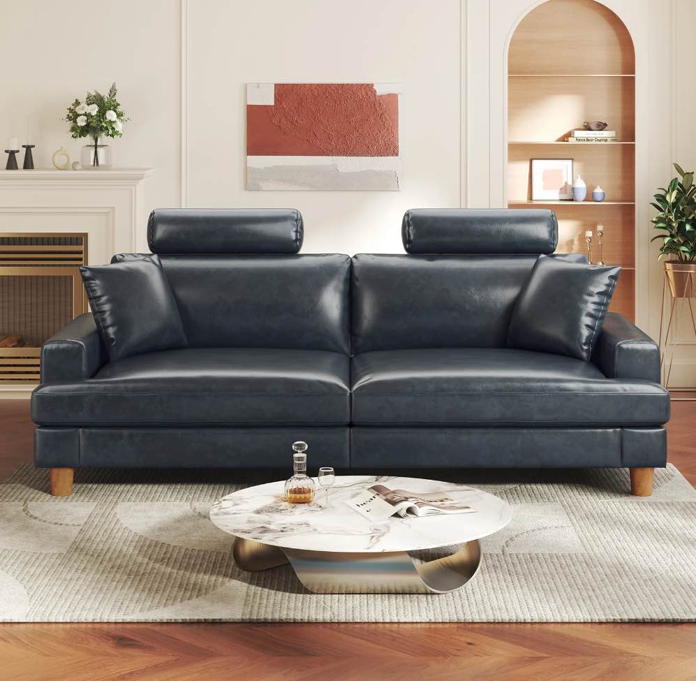 87" Sofa Premium PU Leather Couch with Headrest, Comfy 27" Extra Deep Seat 3 Seater Sofa for Living Room, Includes 2 Pillows, Gray