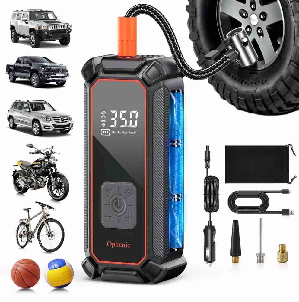 Ophanie Tire Inflator Portable Air Compressor, 9000mAh Battery Powered, 150PSI Dual Mode, Auto Air Pump for Car Tires, Motorcycle, Bicycle, Electric Pump with LED Light & Digital Pressure Gauge