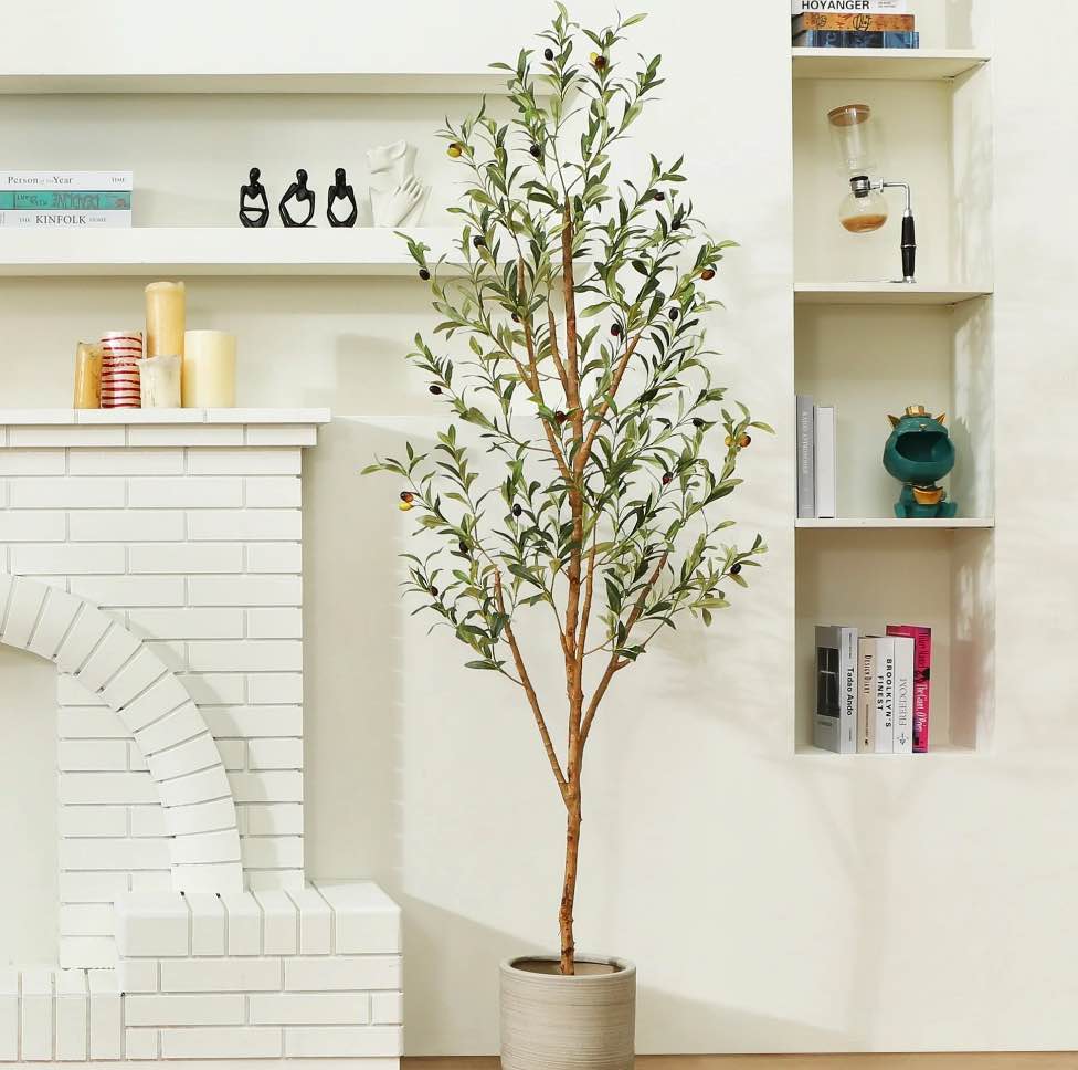 6 ft Artificial Olive Plants with Realistic Leaves and Natural Trunk, Silk Fake Olive Tree in Black Plastic Pot, Faux Olive Tree for Office Home