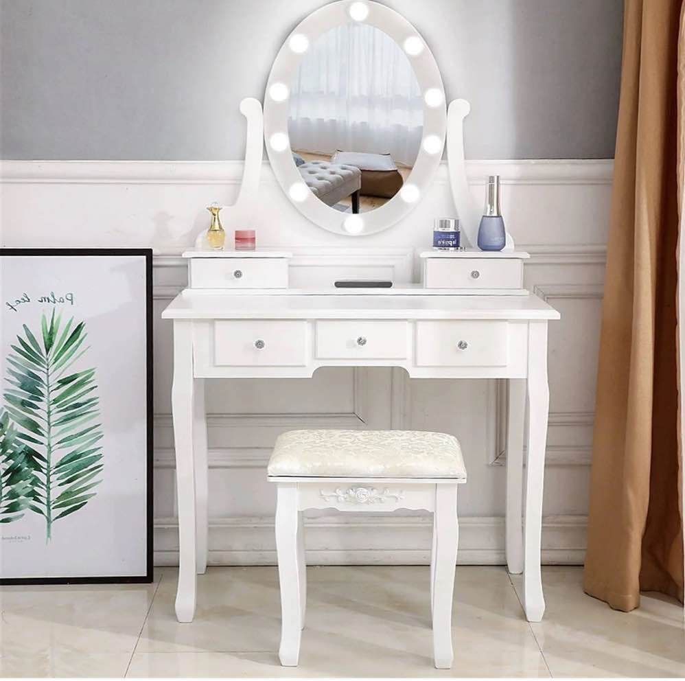 Ktaxon Vanity Table 10 LED Lights  5 Drawers Makeup Dressing Desk with Cushioned Stool Set Bedroom Vanities Set White