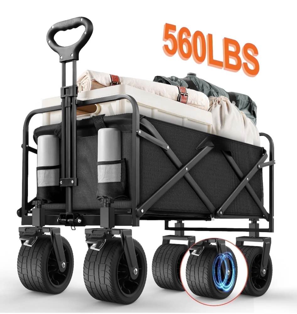 Qunler Large Collapsible Folding Wagon, 560 lbs Heavy Duty Big Bucket Utility Garden Cart with Oversized Tank Wheels for Sports, Shopping, Camping, Kids, Black