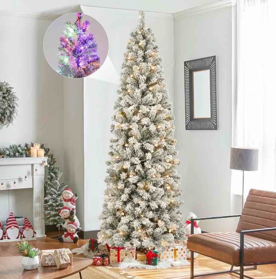 Qunler 7ft Pre-Lit Snow Flocked Pencil Christmas Tree, Artificial Slim Xmas Tree with Warm White & 10 Modes Multicolor Lights for Holiday Decor