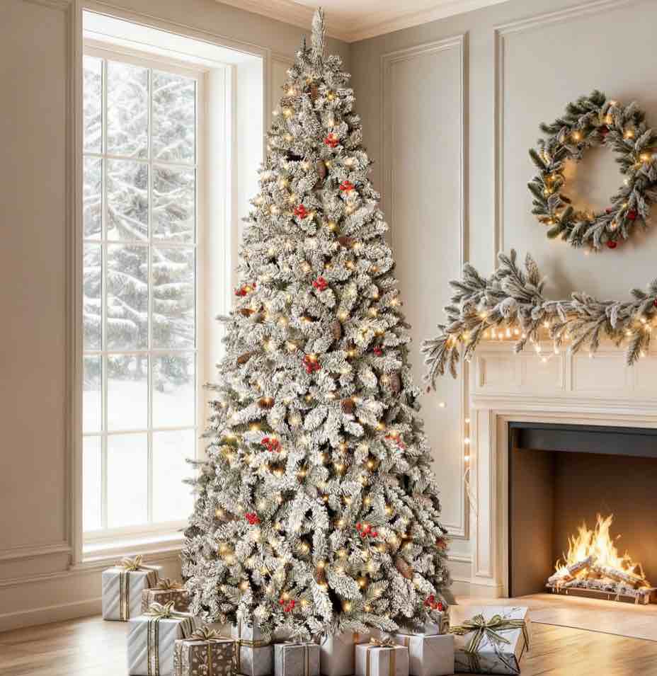 GVDV Christmas Tree 6ft Pre-Lit Snow Flocked Artificial Christmas Tree with Pinecones & Berries, for Home, Office and Party Decor, Metal Hinges Easy Assembly