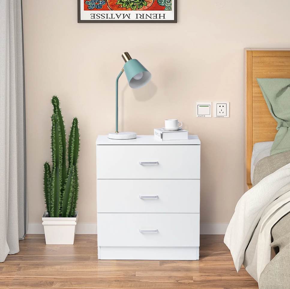Ktaxon 3-Drawer Dresser Pure White with Metal Handles Bedside Night Stand Bedroom  White