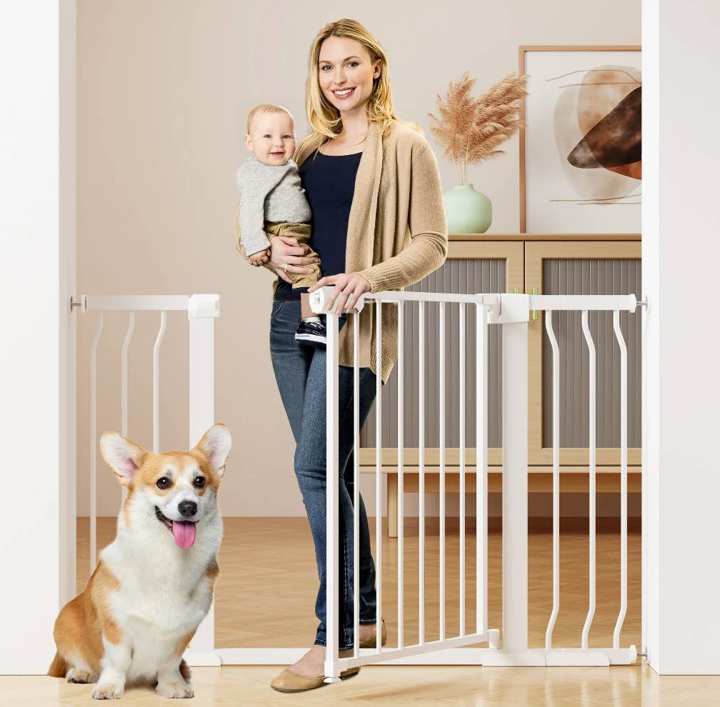 Vomeast 36in Tall Metal Baby Gates,29.93- 48.8in Extra Wide Auto Close Dog Safety Gates for Stair and Doorways,White