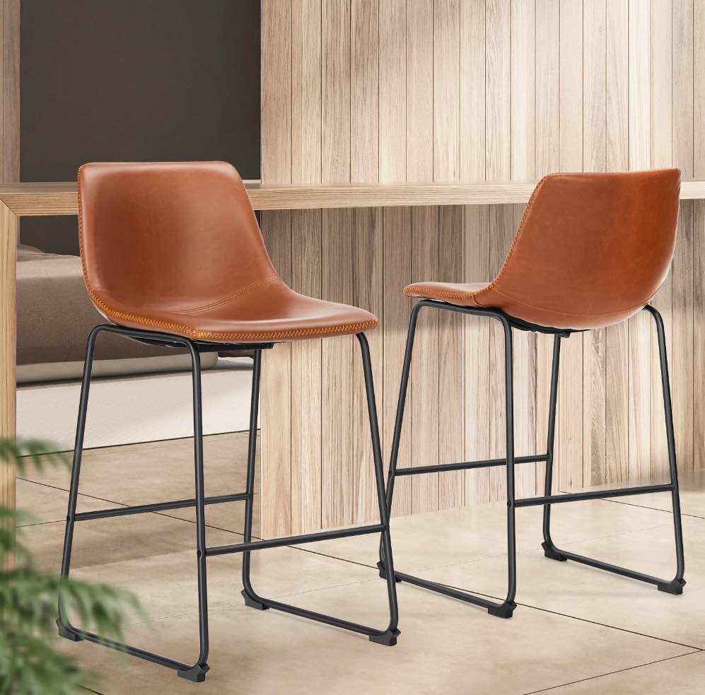 EDX Counter Height Bar Stools Set of 2 With Back and Footrest, Metal Frame, 26 inch, Brown