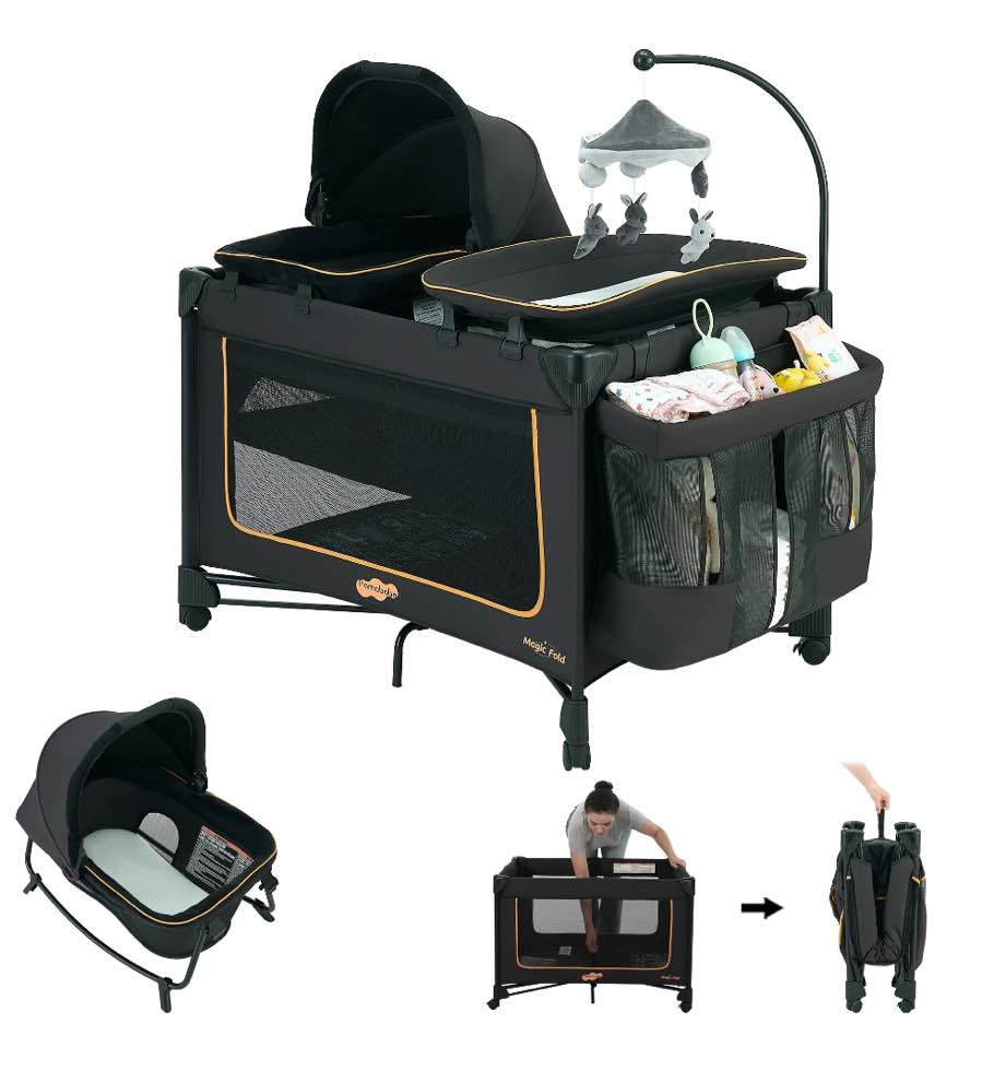 Pamo Babe Baby Playard Magic Fold 1 Step Bassinet & Changing Table for Newborn, 4-Panels (Black)