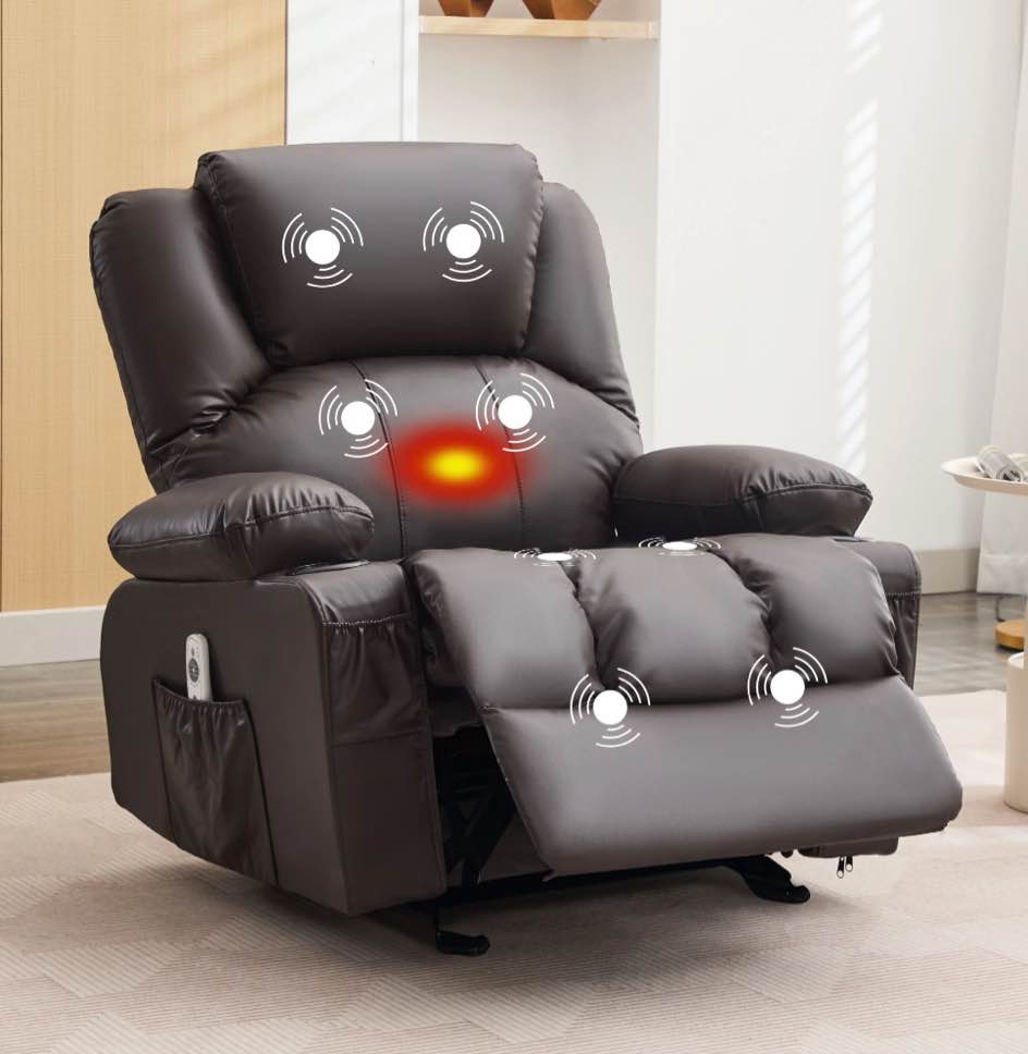 JONPONY Manual Recliner Chair with Heat Therapy and Massage Function, Heavy Duty Reclining Mechanism Massage Chair, Elderly Single Rocker Sofa with Cup Holders for Bedroom Home Theater,Brown