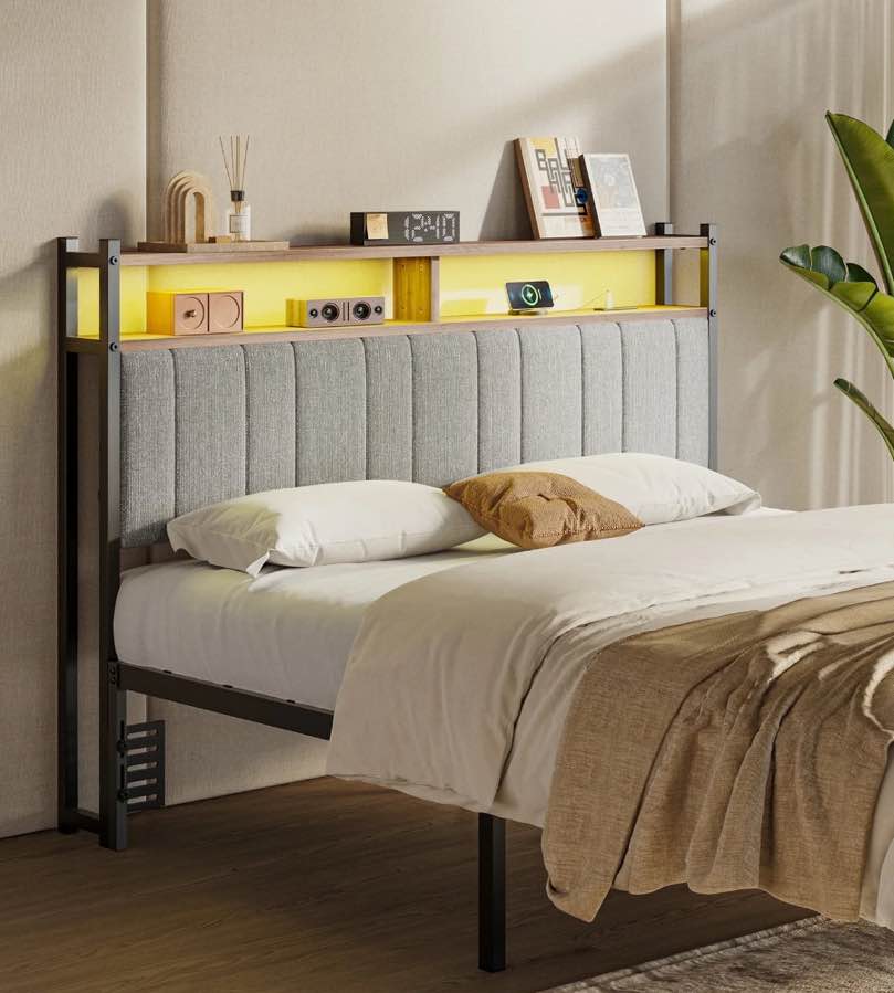 Pinmoco Headboard for Queen Size Bed with Storage, Linen Upholstered Head Board with LED Light and Charging Station, Gray, Headboard Only(Bed Frame Not Included)