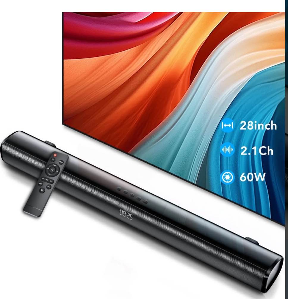 Sound Bar for TV, 60W Soundbar TV Speakers, 2.1 ch Home Theater with Subwoofer Boost, 3 Equalizer Modes, Soundbar for TV/PC/Gaming/Projectors, Bluetooth, OPT, COX, USB & AUX Wall Mountable