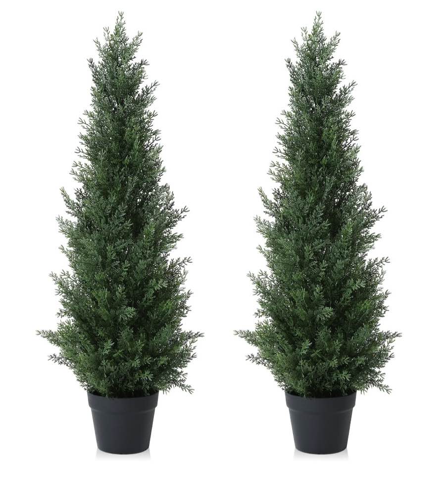 Artificial Cedar Tree 2 Pack 3 ft Outdoor Artificial Topiary Cedar Plants Fake Tree UV Rated Potted Plants for Porch Decor Faux Pine Tree for Perfect Housewarming Gift