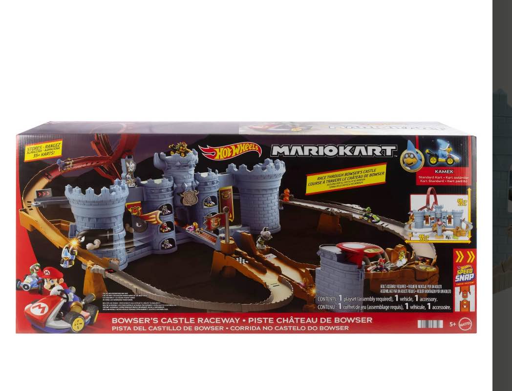 Hot Wheels Mario Kart Bowser’s Castle Track Set with 1:64 Scale Die-Cast Kamek Toy Vehicle & Storage