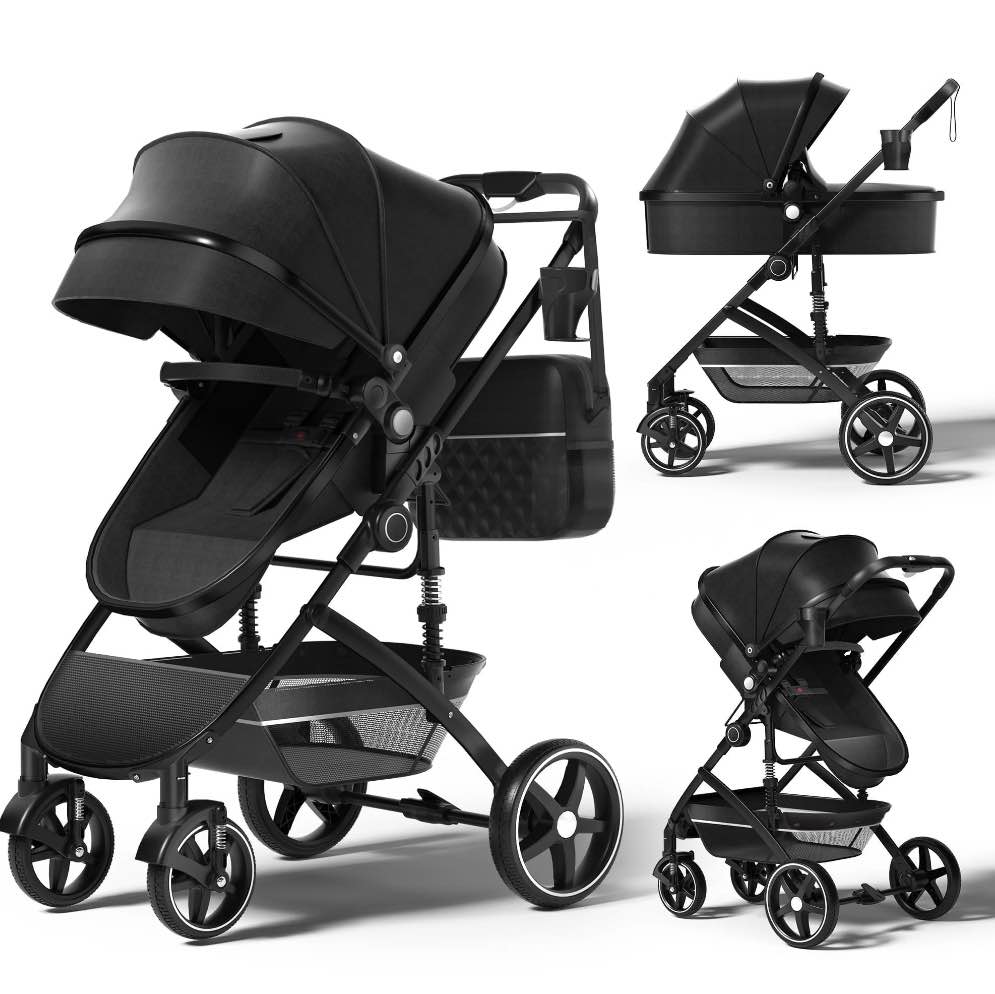 babyeap 2 in 1 Baby Stroller,Foldable Lightweight Carriage Reversible Bassinet Pram for Toddler,Travel Stroller with with Cup Holder?Storage Bag,Black