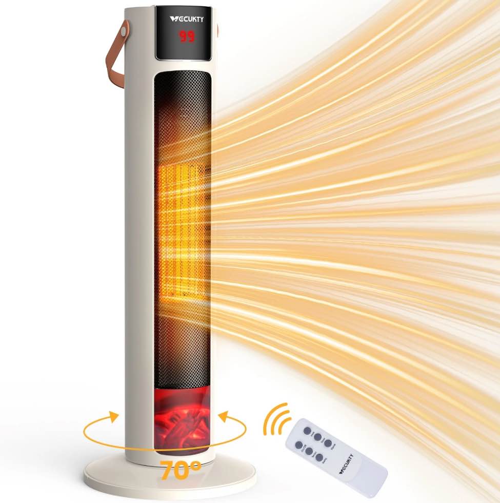 VECUKTY 26" Tower Space Heater with 3D Flame, 1500W Portable Electric Tower Electric Heater, 70 °Oscillation, 9H Timer,Remote Control for Indoor Bedroom Office Home