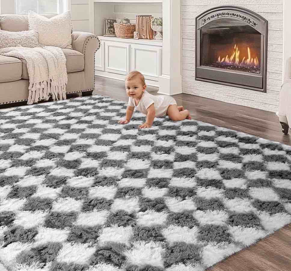 CozyDesg Large Rugs,8'x10' Soft Fluffy Shag Indoor Floor Carpet for Living Room Bedroom Dining Room Office Home Decor,Dark Gray & White