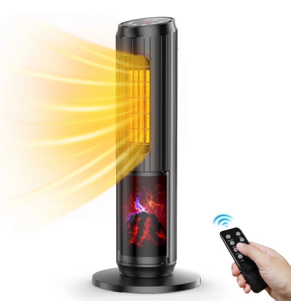 NFTIGB 24 inch Space Heater, 1500W Quiet Oscillating Ceramic Heater for Large Room, PTC Electric Heater with Realistic 3D Flame Effect, Remote Control, Thermostat, for Office, Bedroom, Indoor Use