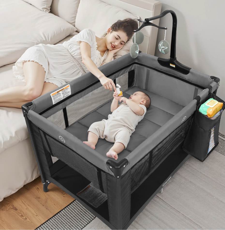 Vomeast Baby Playard with Bassinet,Portable Foldable Pack and Play with Toy Bar(Grey)