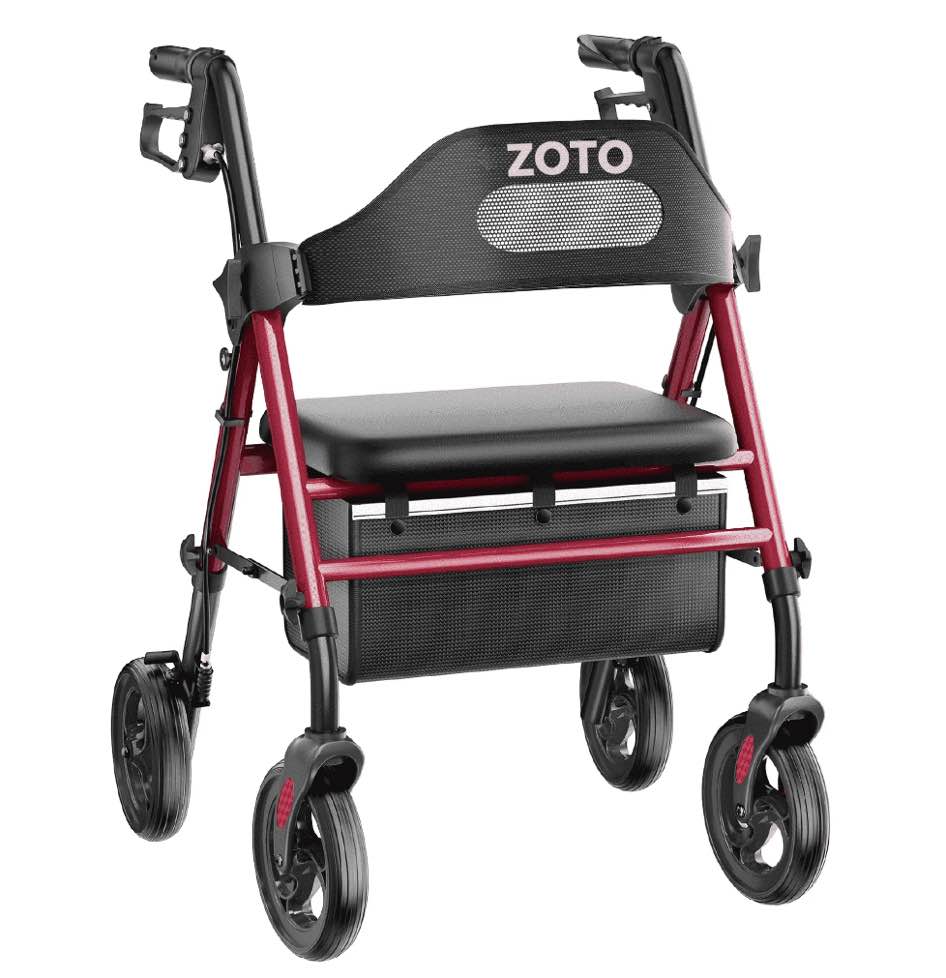 ZOTO Foldable Rollator Walker with Seat for Seniors, Height Adjustable Lightweight Rolling Walker with Sturdy Reinforced Carbon Steel Frame, Red (VR2-RD)