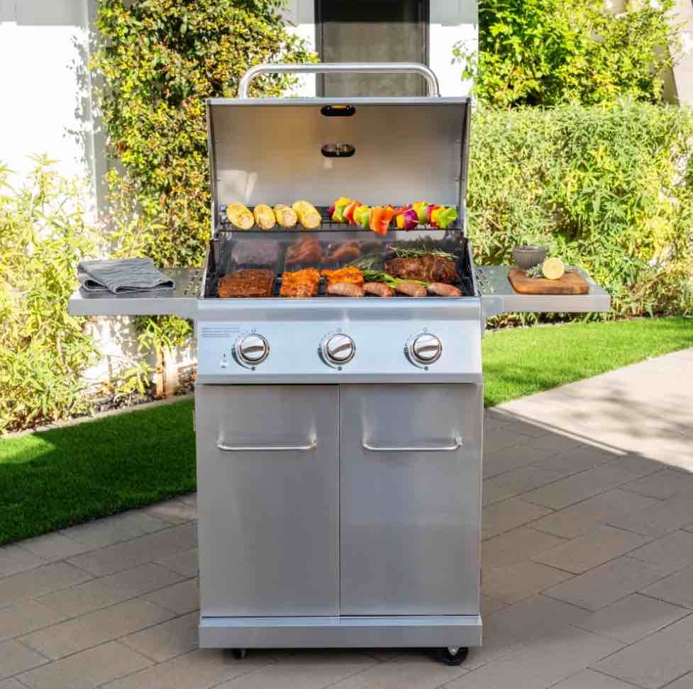 Nexgrill 3-Burner Stainless Steel Propane Gas Grill with Side Tables  40 500 BTUs  4 Wheel Transport  591 SQ. IN. Cooking Space  Outdoor Kitchen Grill for BBQs  Patios  and More - 720-0830MN