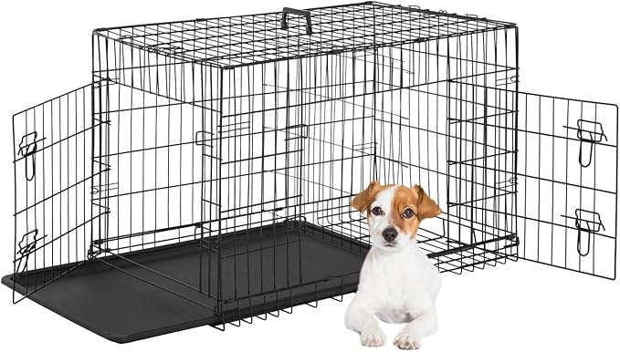 EDX Large Dog Crate with Divider Panel, 24” Double Door Folding Metal Wire Dog Cage with Plastic Leak-Proof Pan Tray