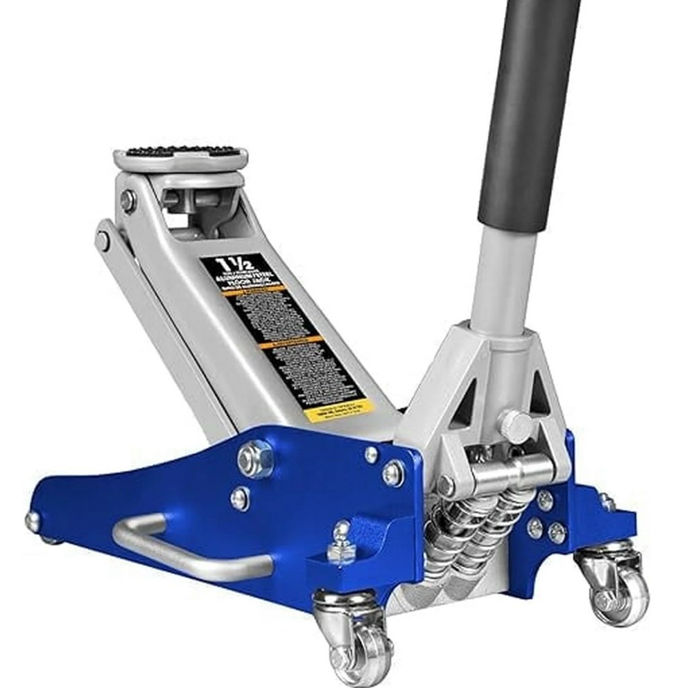 JACK BOSS Hydraulic Low Profile Aluminum and Steel Racing Floor Jack with Dual Piston Quick Lift Pump, 1.5 Ton (3,000 lb) Capacity, Blue
