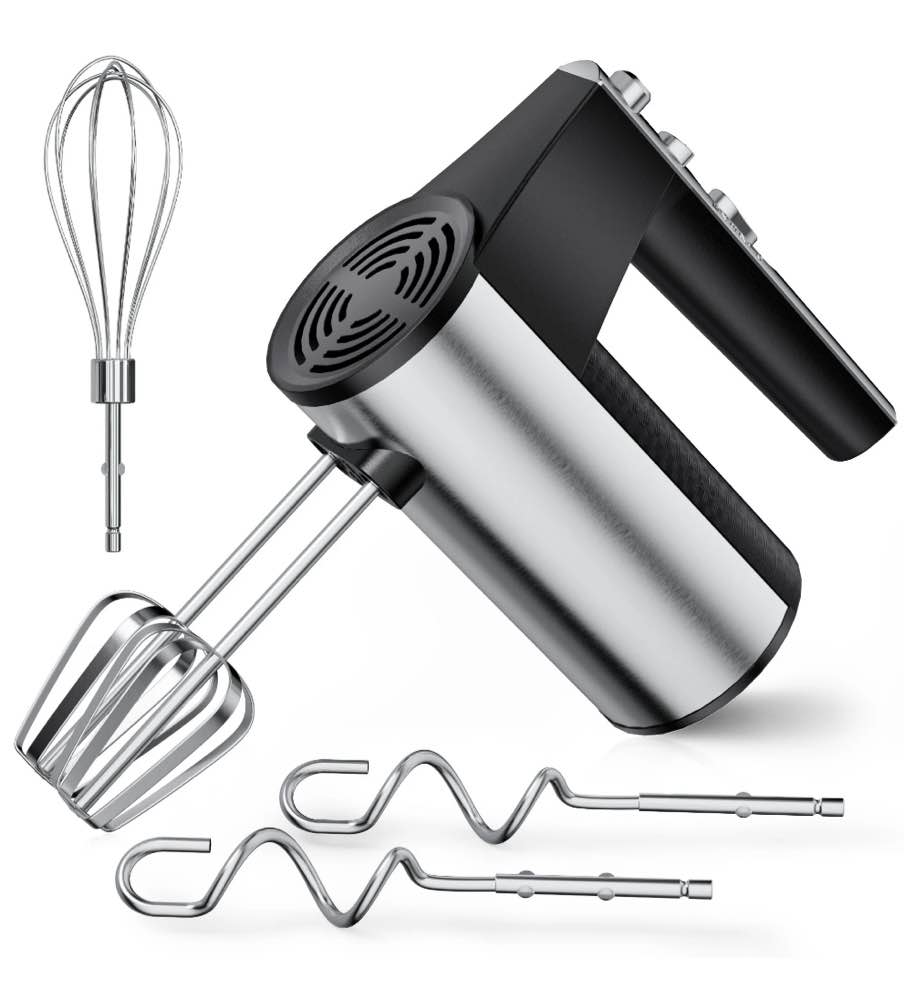TINANA 5 Speed Hand Mixer Electric Handheld with 1 Whisk, 2 Beaters, 2 Dough Hooks, Cookie Mixer with Turbo Boost, Food Beater for Kitchen Baking Cakes, Eggs, Cream, Stainless Steel
