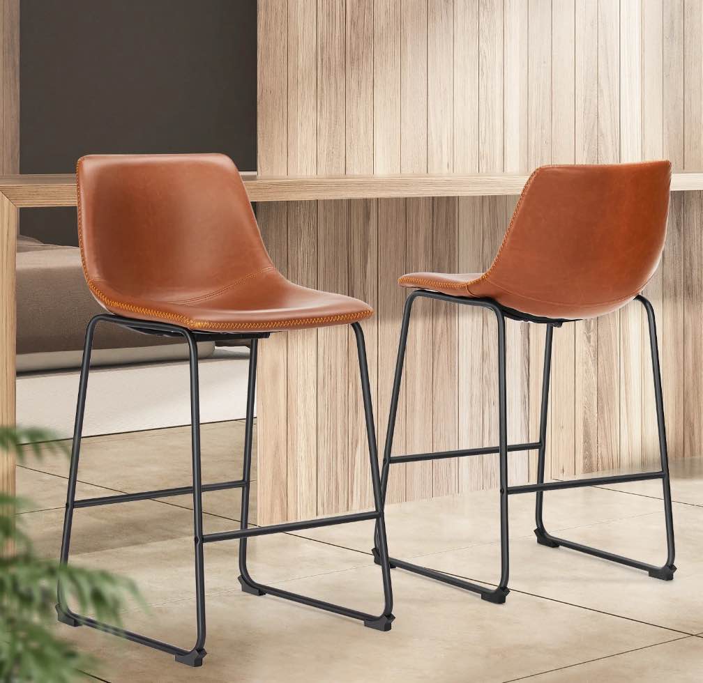 EDX Counter Height Bar Stools Set of 2 With Back and Footrest, Metal Frame, 26 inch, Brown