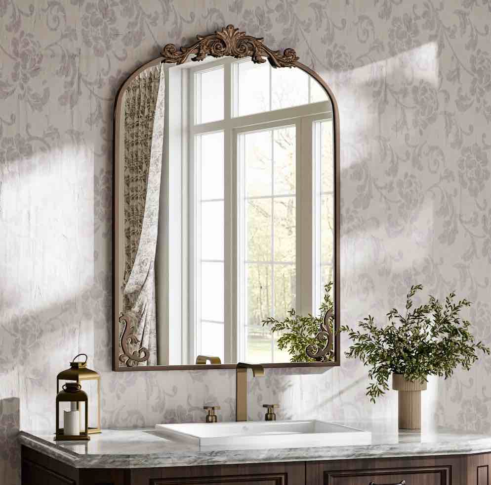 YVANLA 22 x32  Arched Vanity Bathroom Mirror Decorative Baroque Style Wall Mirror  Antique Bronze