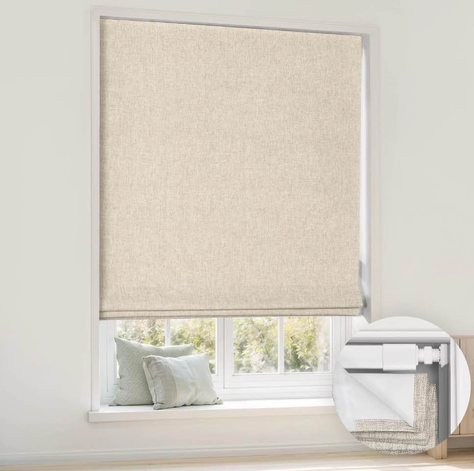 LazBlinds No Tools No Drill Cordless Roman Shades for Windows, Blackout Thermal Insulated UV Blocking Window Blinds, Room Darkening Fabric Blinds for Indoor Windows, 34'' W x 64'' H, Beige