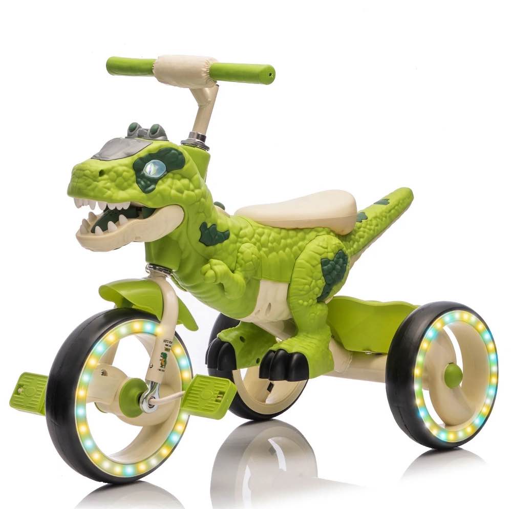 Xuanlur Kids Ride on Dinosaur Tricycle, Toddlers Kid Trike with Wide Flash Wheels, Anti-Slip Pedals, Rear Basket, Music & LED Lights, Toddler Bike Toys Gift for 3-6 Year Old Boys & Girls (Green)
