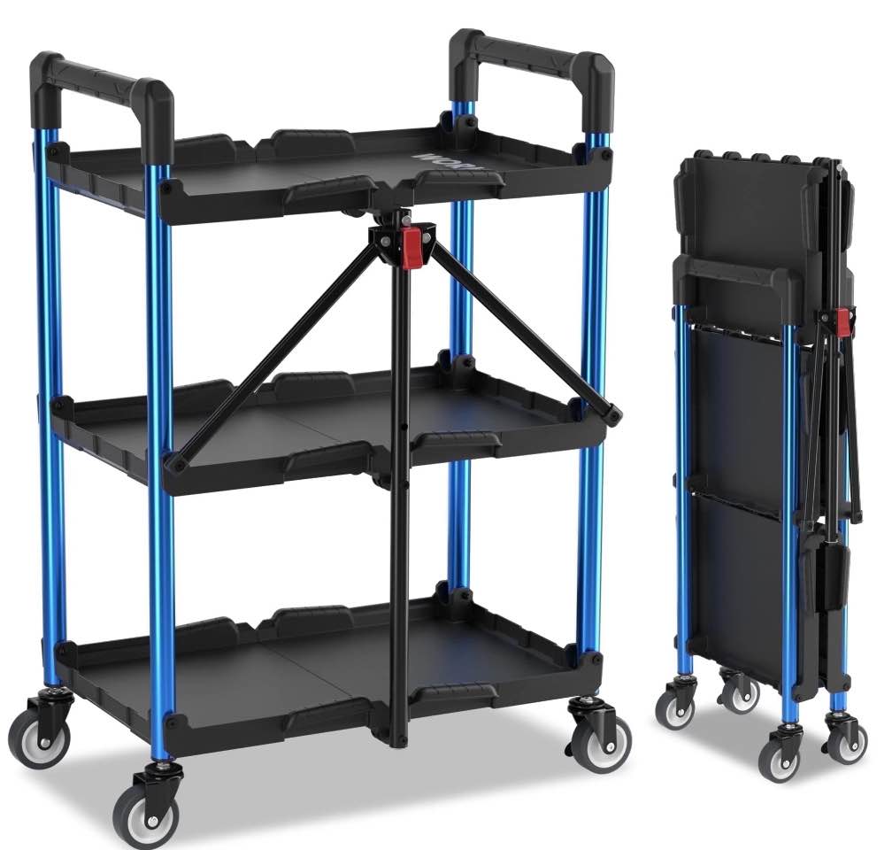 WORKPRO 3-Tier Folding Collapsible Service Cart with Wheels, 210 Lbs Loading Capacity, Foldable Rolling Utility Cart for Garage, Warehouse, Home, Restaurant, Office