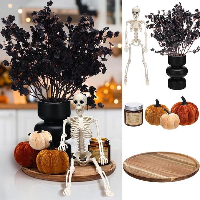 Pinkunn Pcs Halloween Wood Round Tray Decor Set with 10'' Round Wood Tray 7.5'' Black Vase 15.8''