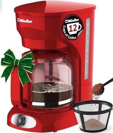 MUELLER HOME 12-Cup Red Coffee Maker - Perfect for Home or Office, Borosilicate Carafe, Auto-Off, Reusable Filter, Anti-Drip, Keep-Warm Function, Clea