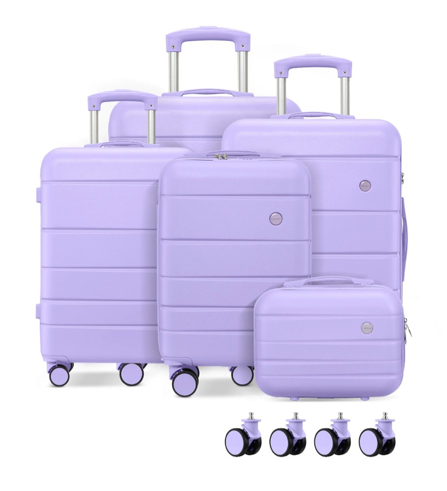 5 Piece Suitcase Set 14/18/20/22/24 inch Hardside Suitcase with Spinner Wheels Detachable Lightweight Carry on Luggage (Purple)