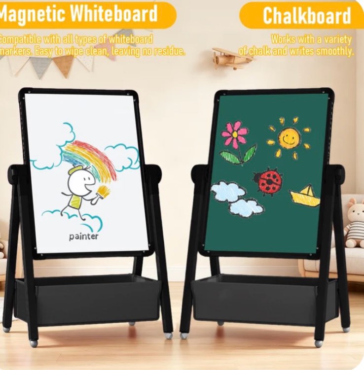 Condition photo showing Good Condition for art easel for kids  double sided magnetic kids easel  adjustable 360°rotating whiteboard & chalkboard for boys and girls  black