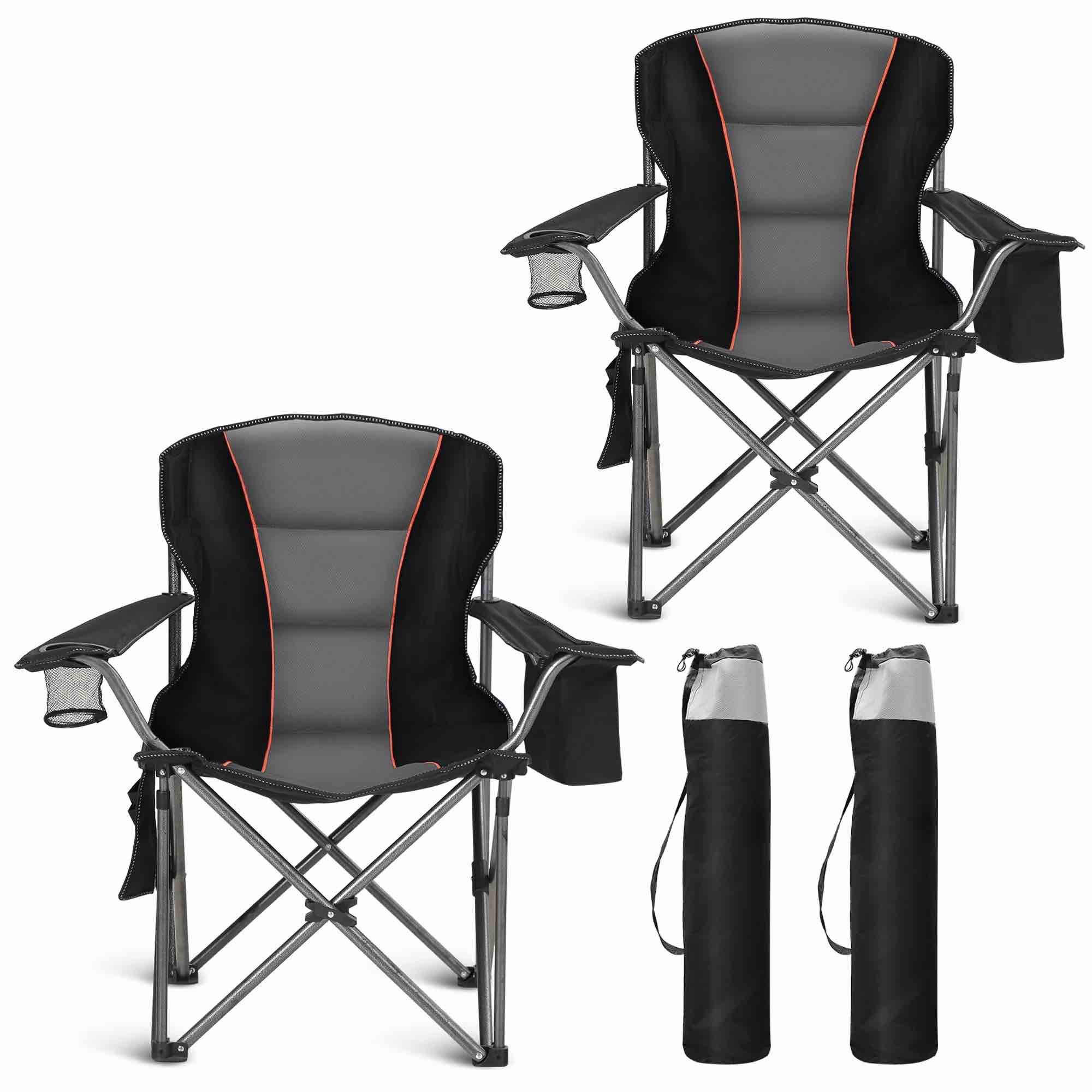 sophia & william 2 pack oversized camping chair heavy-duty steel frame supports 450lbs, foldable outdoor lawn chair with cup holder for backyard & camping, black