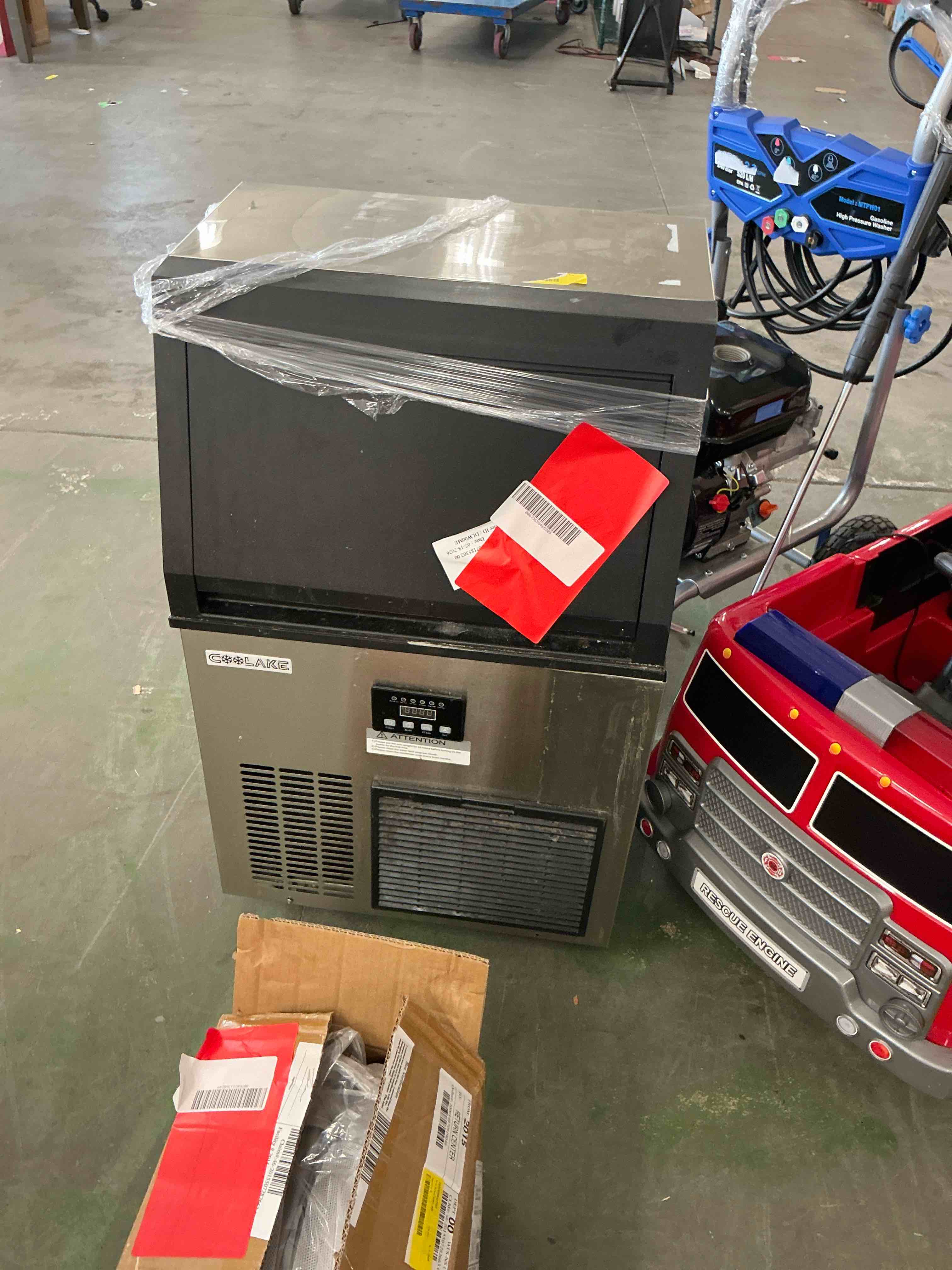 Condition photo showing As Is for coolake 200lbs/24h commercial ice maker machine with 50lbs ice storage stainless steel under counter ice machine air cooled 115v