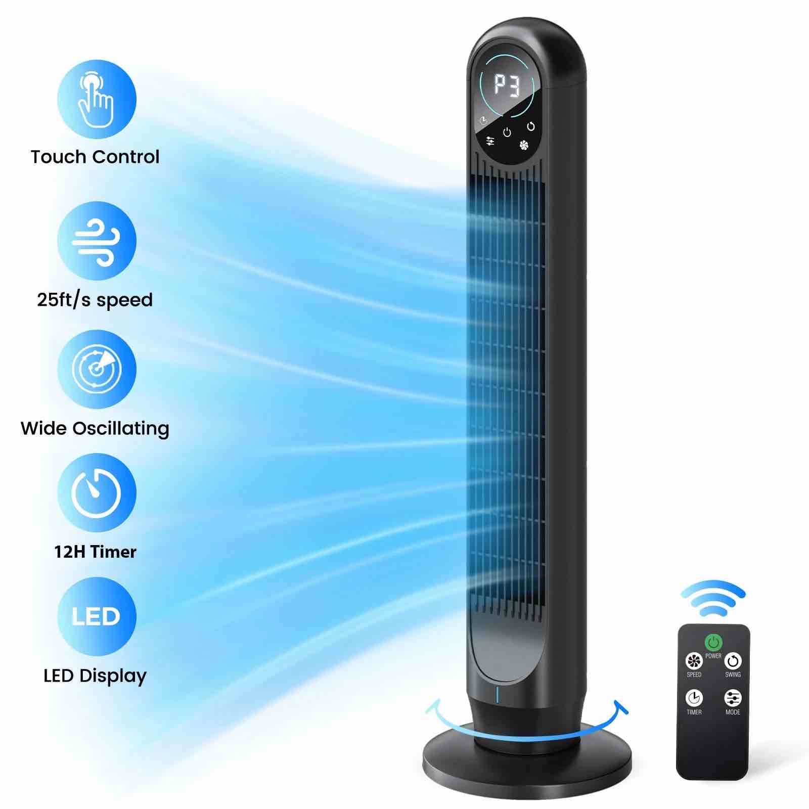 tower fan with remote  31  bladeless floor fans for home  4 modes & 4 speeds  12h timer  led display  80° oscillating wide cooling for bedroom  office