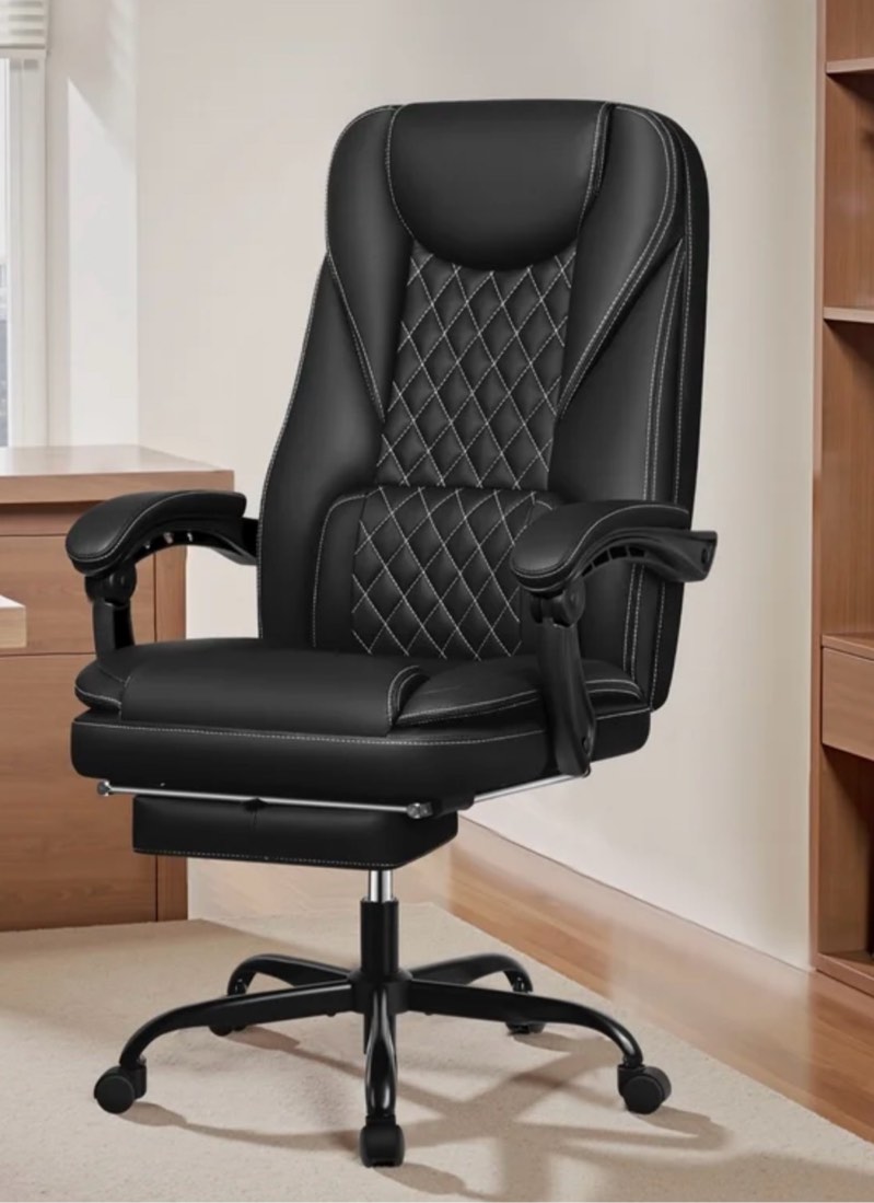 Primy Premium Executive Office Chair - Big & Tall PU Leather Reclining Chair with Footrest & Lumbar Support, 400lb Heavy Duty Ergonomic Computer Desk Chair for Home/Office, Black