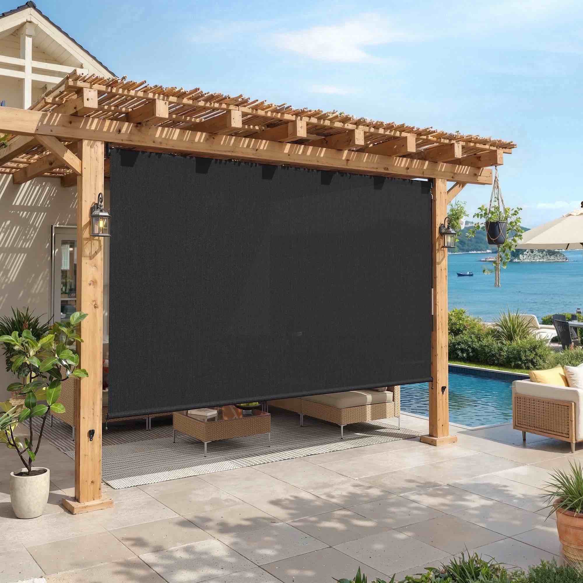 Vicllax 10 Wx8 H Outdoor Roller Shades Blinds for Patio Porch Crank Operation Sun Blocking  Black