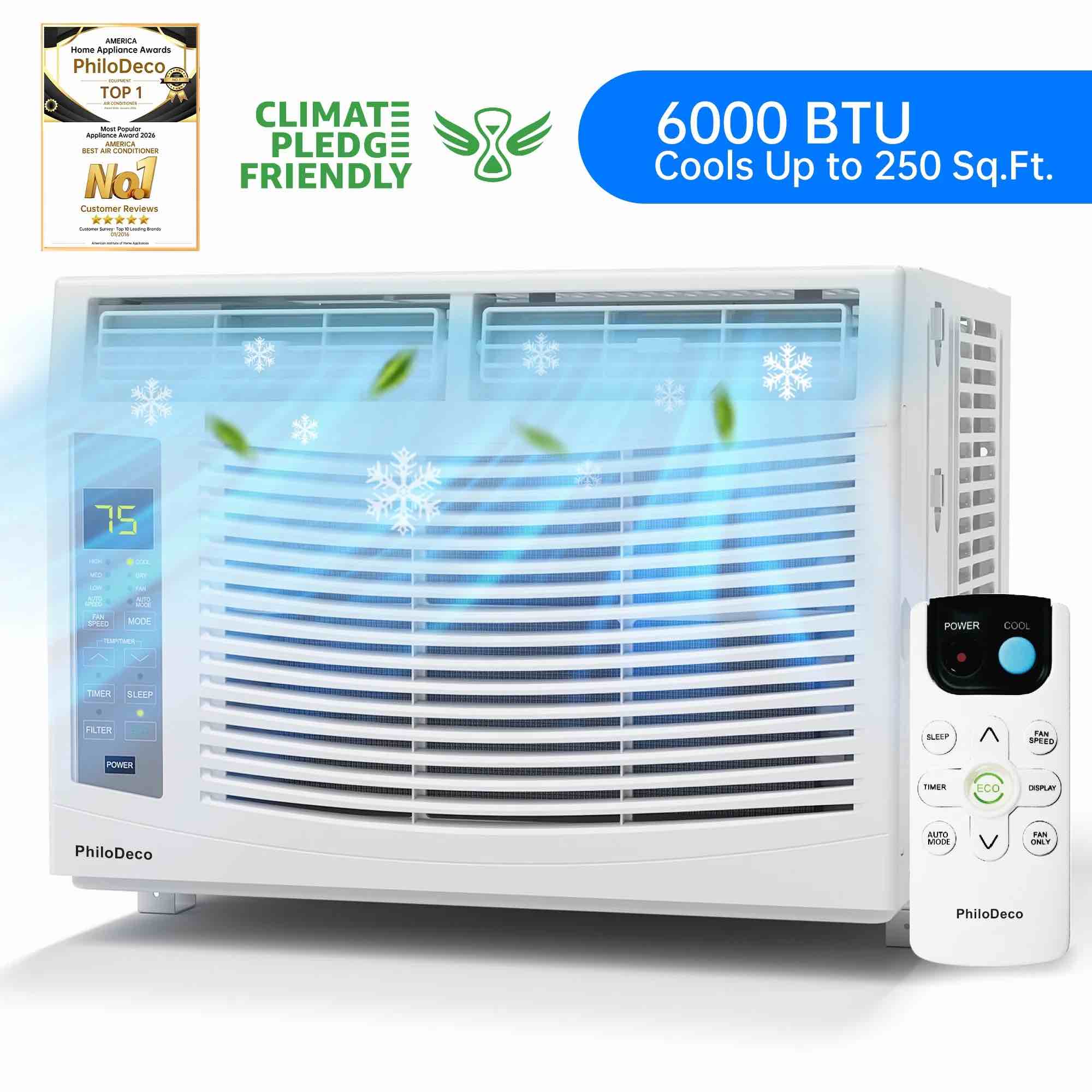 PhiloDeco 6000 BTU Window Air Conditioner Cool to 250 Sq Ft Intelligent  LED Remote Control  Easy to Clean Filter Screen  Can Be Used as a Dehumidifie