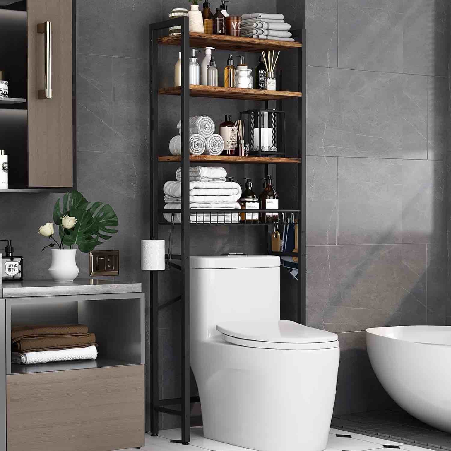 Kalrin Over The Toilet Storage Shelf, 4-Tier Wooden Bathroom Organizer Adjustable Saver Space Rack with Toilet Paper Holder, Brown