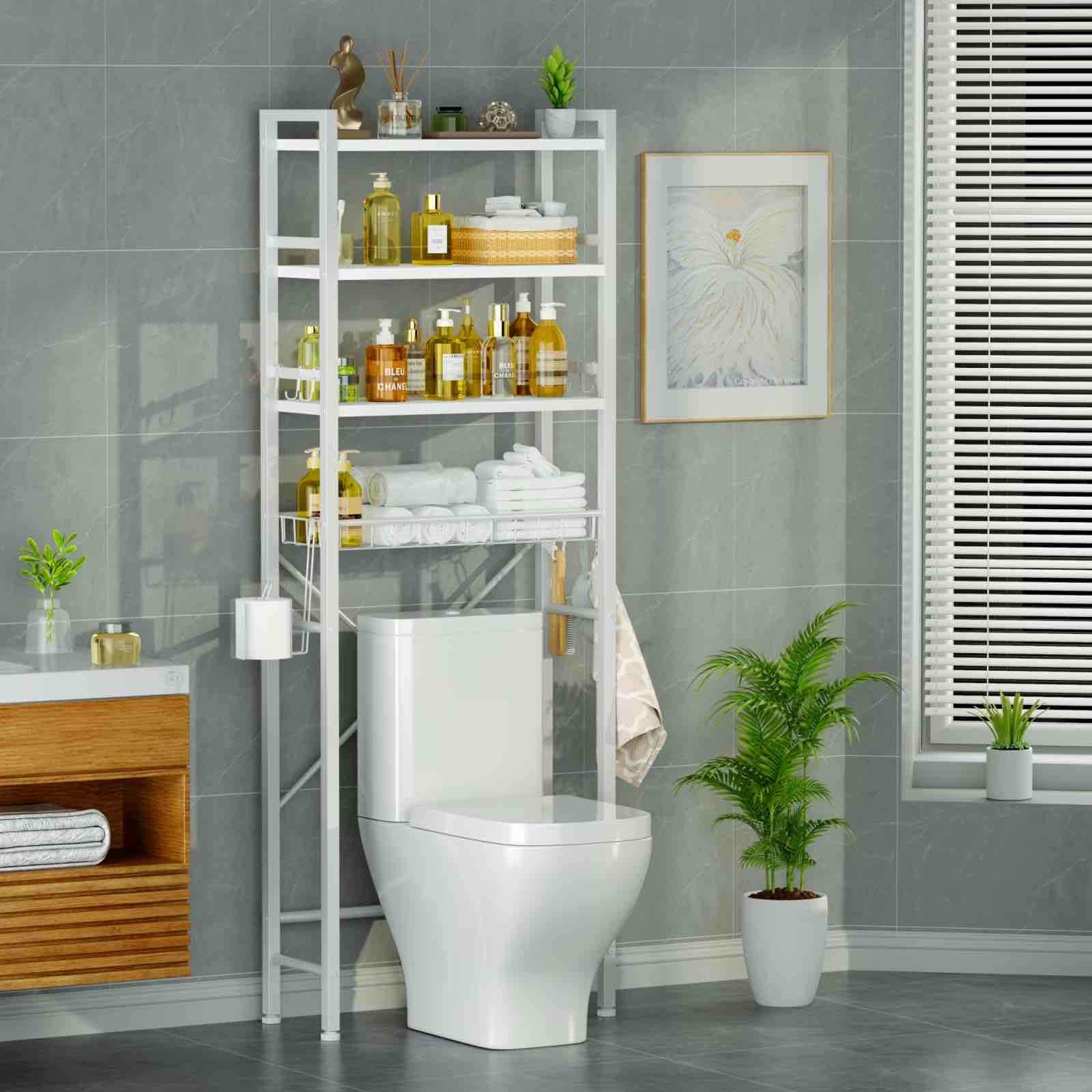 Capri Over The Toilet Storage Shelf, 4-Tier Freestanding Bathroom Organizers and Storage, above Toilet Space Saver Rack with Adjustable Shelves, Toilet Paper Holder and 3-Hooks, White