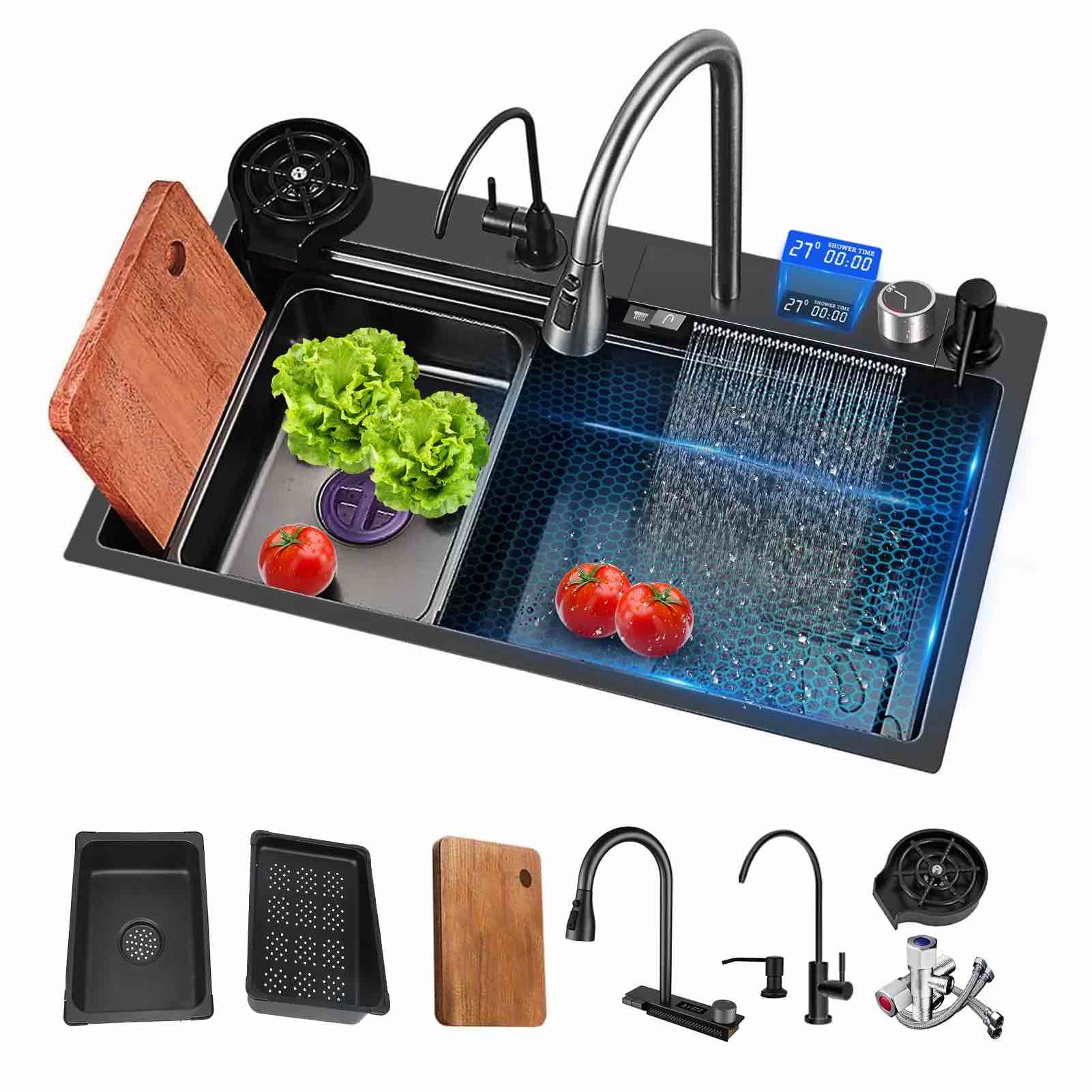 Waterfall Kitchen Sink  31.5  Single Bowl Drop in Kitchen Sink with Pull-Out Faucet  Thickened Stainless Steel Digital Display Kitchen Sink  Black