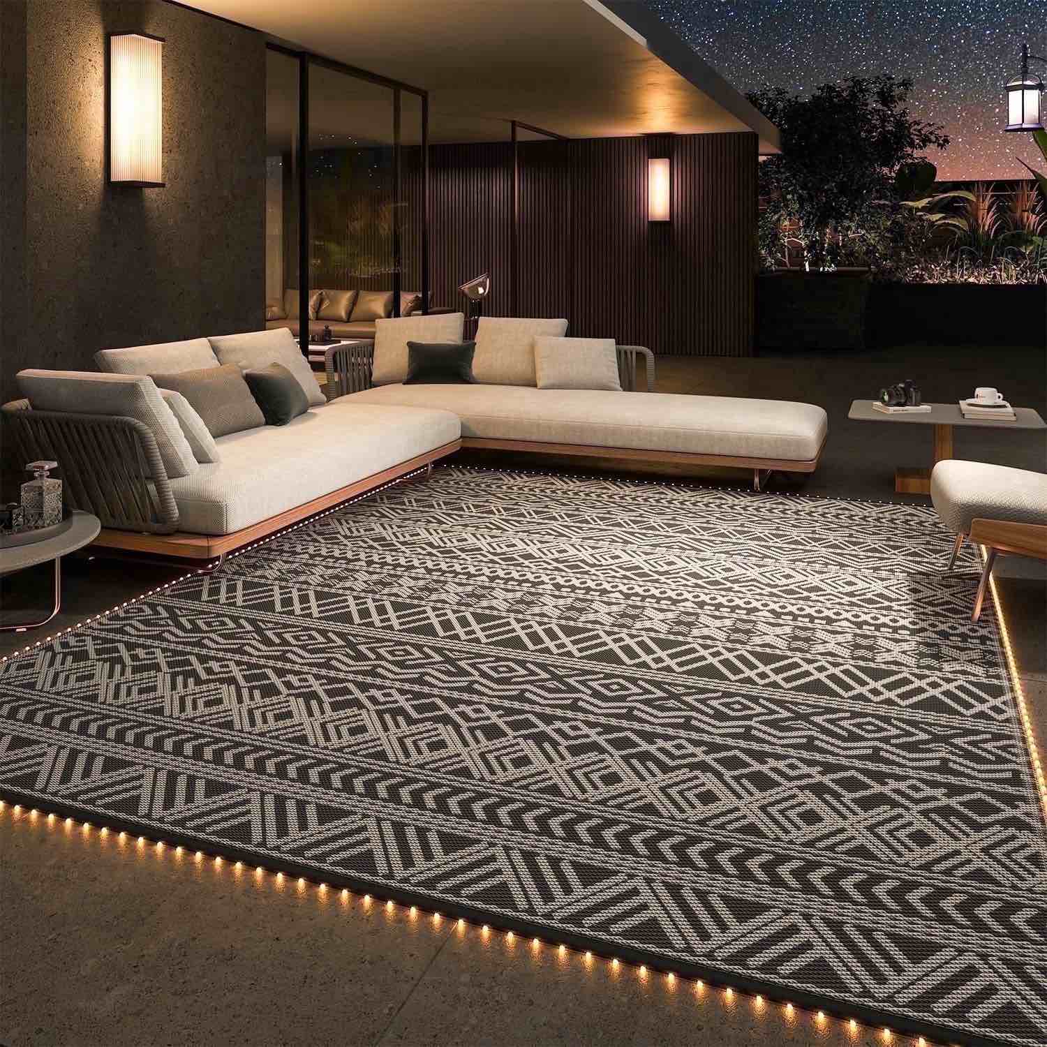 SIXHOME Outdoor Rug with LED Strip Lights 9 X12  Waterproof Reversible Patio Rug Boho Geometric Indoor Outdoor Rugs Lightweight Plastic Straw Rug for 