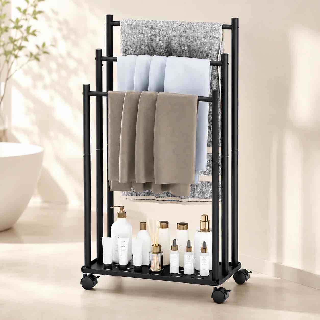 PHANCIR 3-Tier Freestanding Towel Rack with Wheels, Rolling Towel Stand with Bottom Storage Shelf, Space-Saving Bathroom Towel Holder, Black