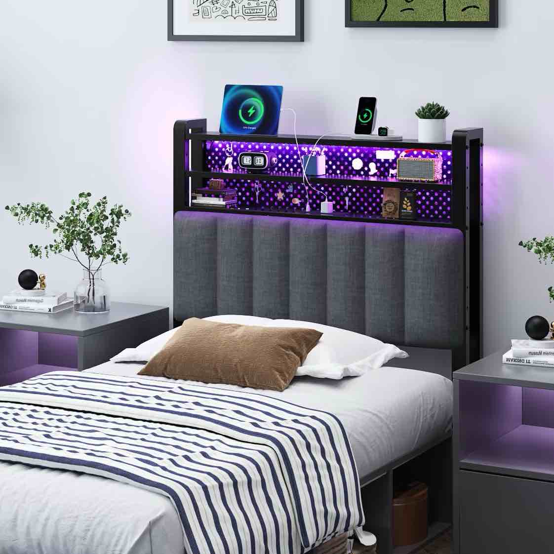 Zimtown Headboard for Twin Size Bed with Storage, Linen Upholstered Head Board with LED Light and Charging Station, Gray
