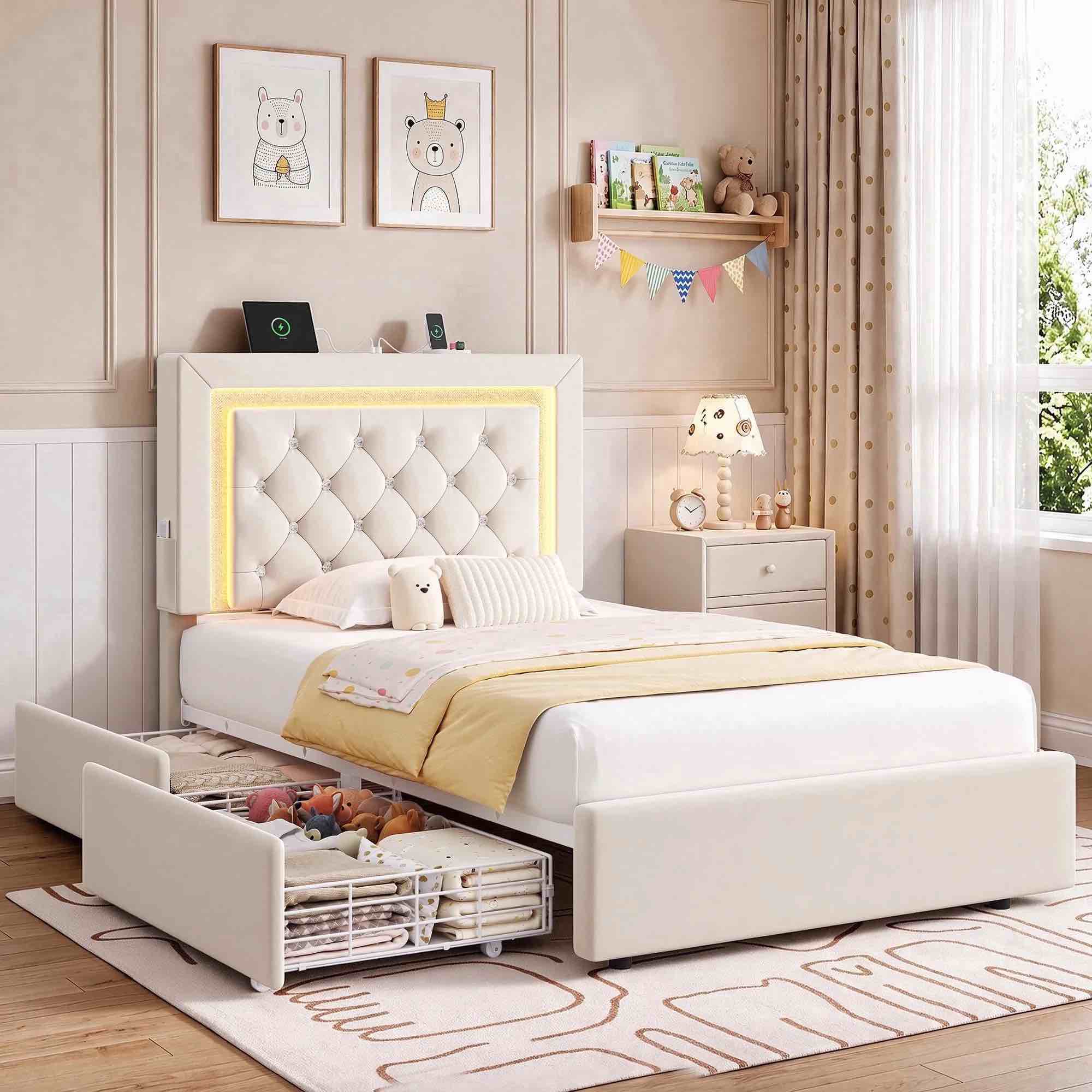 HiJob Twin Size Bed Frame for Kids & Girls with Storage Drawers, Velvet Upholstered Platform Bed with LED Lights, Charging Station and Adjustable Headboard, Beige