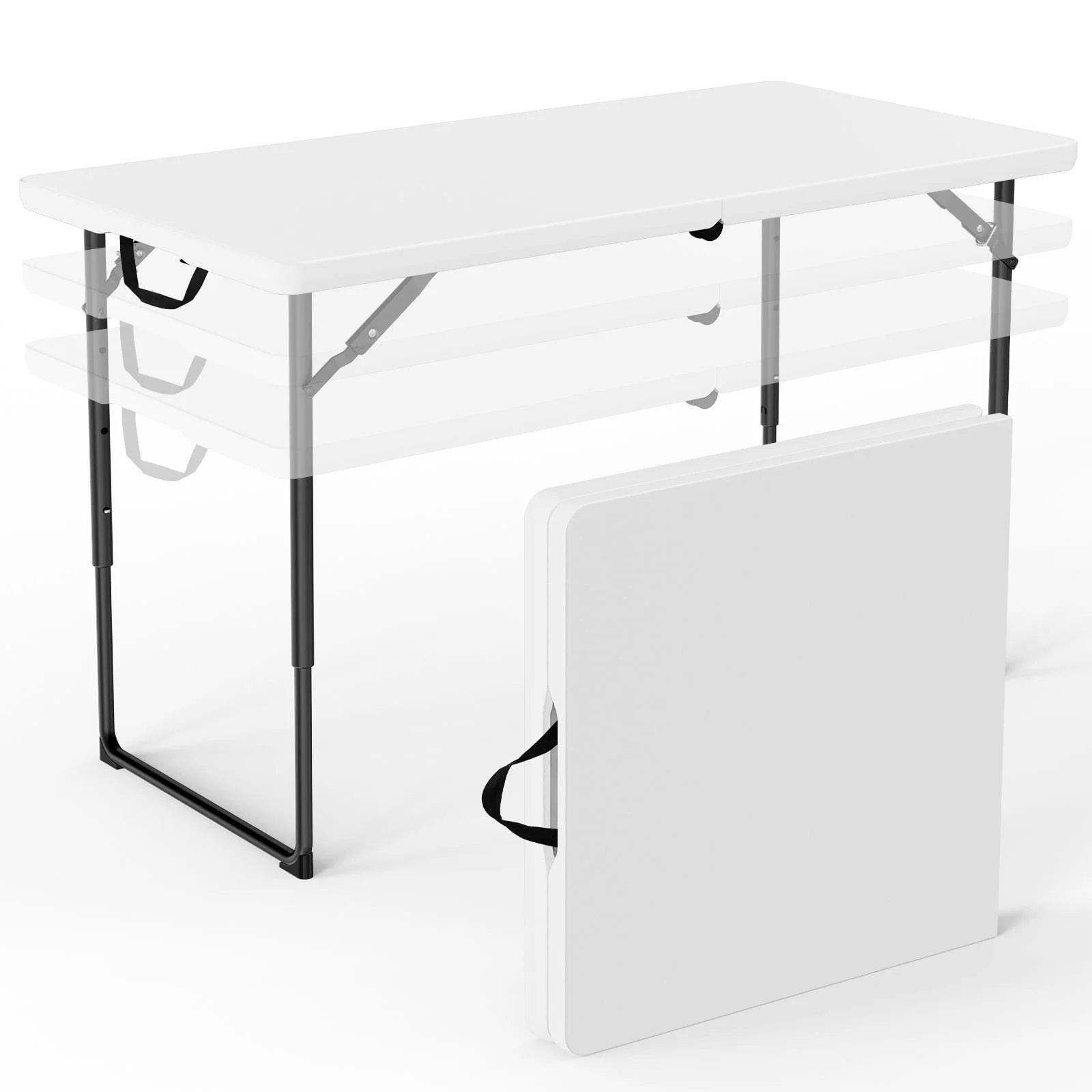 HaiCube 4FT Folding Table, Adjustable Height 23–29in, Heavy Duty Portable Table, Waterproof HDPE, Fold-in-Half for Picnic & Indoor, White (7.20 Updated Handle)
