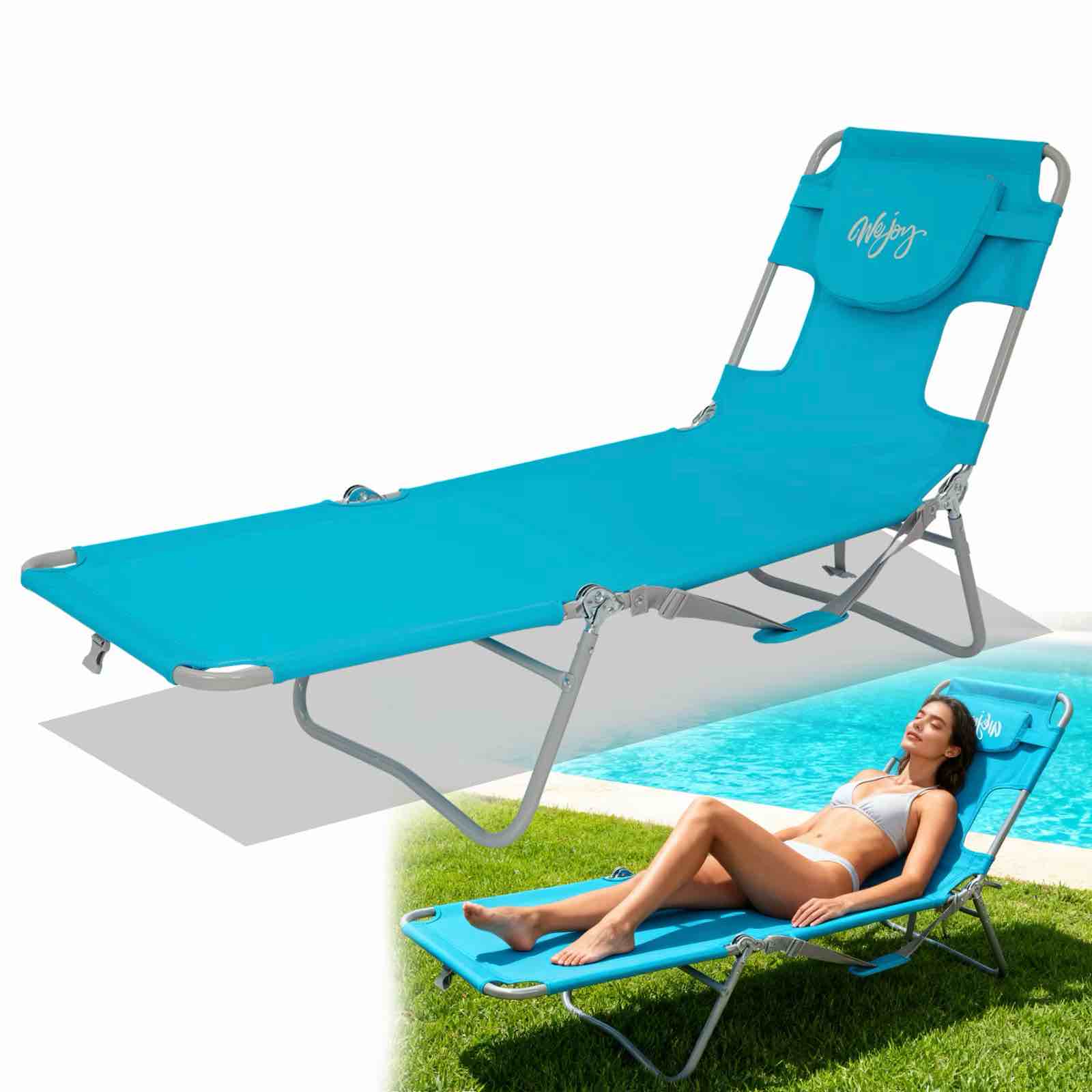 WEJOY Beach Lounge Chair, Tanning Chairs for Adult with Face & Arm Hole, 5-Position Face Down Outdoor Folding Chaise, Portable Folding Beach Chaise, Camping Chair